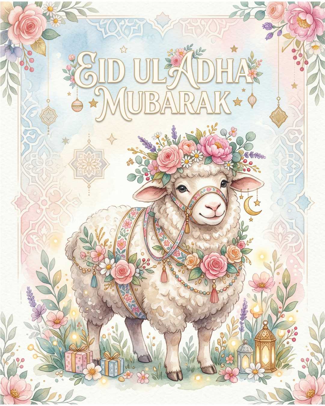 Cute Floral Sheep Eid ul Adha Mubarak Pastel Islamic Festival Design template
