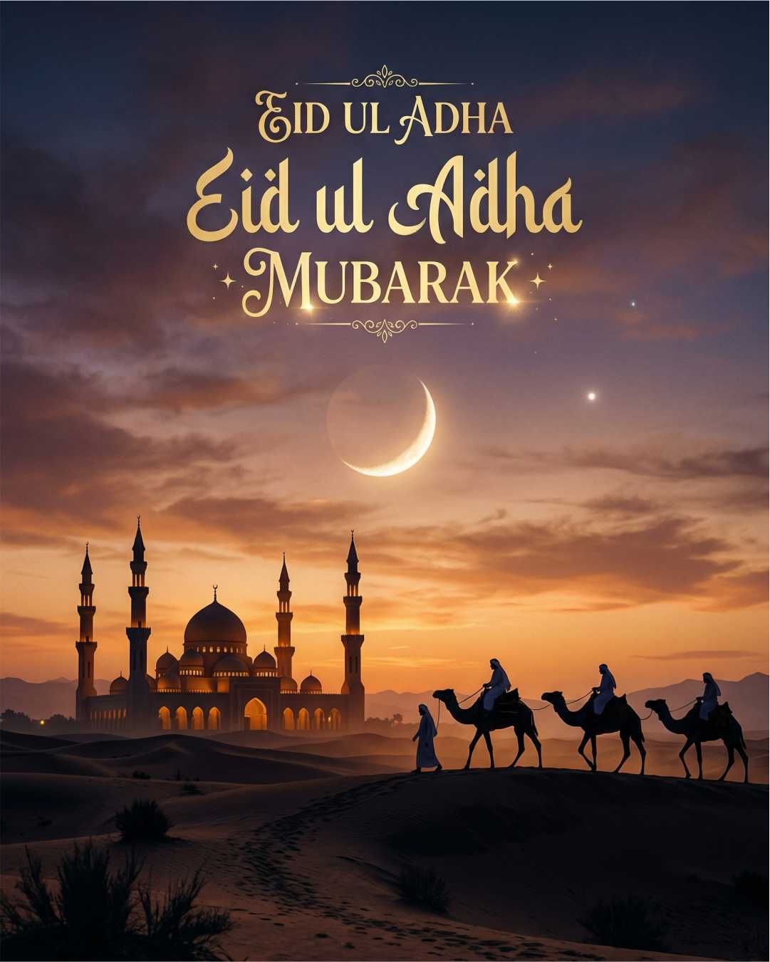 Eid ul Adha Mubarak Desert Mosque Camel Sunset Islamic Design template