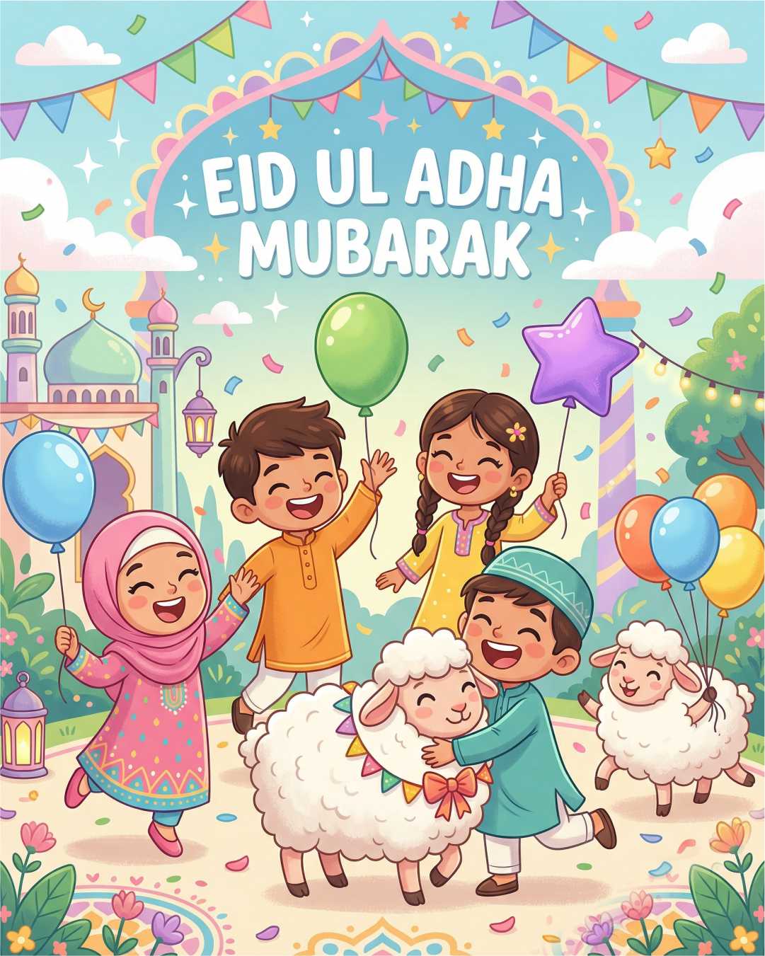 Cute Kids Eid ul Adha Mubarak Cartoon Festival Celebration Design template